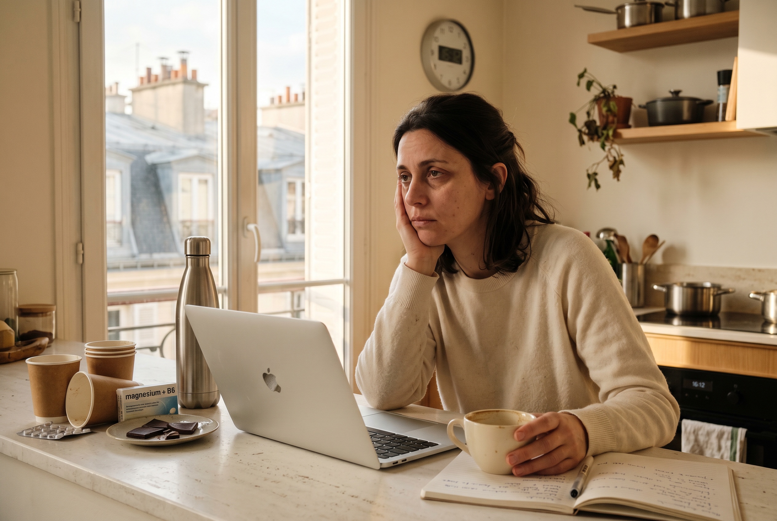 Camille, 38 ans, dans sa cuisine — son 4ᵉ café à la main, expression de fatigue persistante en milieu d'après-midi